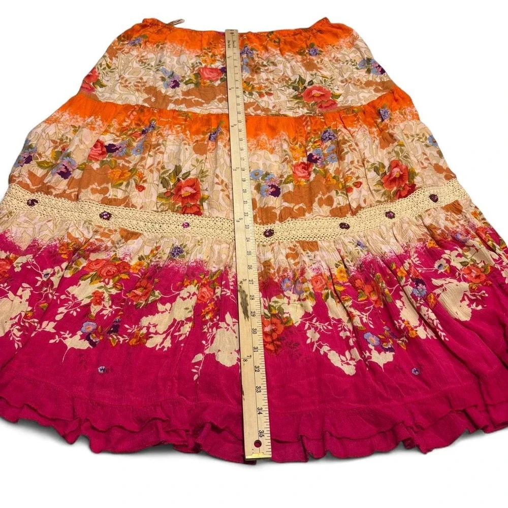 Y2K Boho Floral Tiered Maxi Skirt Orange Pink 🌿